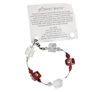 Prosperity Studio Dichroic White Red Art Glass Bead Bracelet w/ Tag Cleveland OH